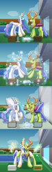 Size: 2750x9000 | Tagged: safe, artist:bladedragoon7575, princess celestia, thorax, alicorn, changedling, changeling, inflatable pony, pony, pooltoy pony, g4, absurd resolution, air pump, arm on shoulder, book, comic, female, inflatable, inflatable scenery, inflatable toy, king thorax, levitation, living object, magic, male, mare, open mouth, open smile, reality shift, smiling, swimming pool, telekinesis, transformation