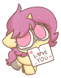 Size: 1056x1341 | Tagged: safe, artist:sugar morning, oc, oc:mystery brew, pony, unicorn, chibi, commission, heart, mouth hold, sign, smiling