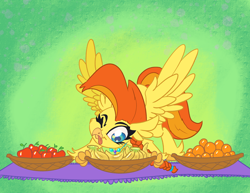 Size: 3300x2550 | Tagged: safe, artist:leadhooves, oc, oc only, oc:goldenflow, classical hippogriff, hippogriff, abstract background, apple, banana, commission, female, food, hair tie, high res, one eye closed, orange, quadrupedal, solo, tongue out, wings