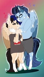Size: 1975x3442 | Tagged: safe, artist:inisealga, oc, oc only, oc:mocha frost, oc:soaring spirit, pegasus, anthro, bottomless, boxer briefs, chibi, clothes, coat markings, duo, duo male and female, facial markings, female, folded wings, glasses, hug, male, mare, markings, partial nudity, pegasus oc, shirt, simple background, socks (coat markings), stallion, topless, wings