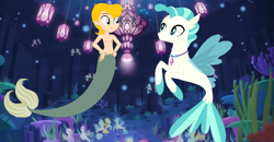 Size: 1126x586 | Tagged: safe, artist:ocean lover, artist:selenaede, screencap, terramar, merboy, merman, seapony (g4), equestria girls, g4, base used, belly button, bubble, coral, crepuscular rays, disney, dorsal fin, equestria girls-ified, fin, fin wings, fins, fish tail, flowing hair, flowing mane, glowing, jewelry, kelp, looking at each other, male, male nipples, mermaid tail, necklace, nipples, ocean, scales, seaquestria, seaweed, swimming, tail, the little mermaid, topless, underwater, urchin (the little mermaid), water, wings