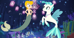 Size: 1126x586 | Tagged: safe, artist:ocean lover, artist:selenaede, edit, edited screencap, screencap, terramar, merboy, merman, seapony (g4), equestria girls, g4, base used, belly button, bubble, coral, crepuscular rays, disney, dorsal fin, equestria girls-ified, fin, fin wings, fins, fish tail, flowing hair, flowing mane, glowing, jewelry, kelp, looking at each other, male, male nipples, mermaid tail, necklace, nipples, ocean, scales, seaquestria, seaweed, swimming, tail, the little mermaid, topless, underwater, urchin (the little mermaid), water, wings