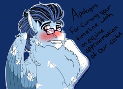 Size: 3016x2191 | Tagged: safe, artist:inisealga, oc, oc only, oc:soaring spirit, pegasus, pony, blushing, chest fluff, coat markings, dialogue, facial markings, glasses, high res, male, meta, neck fluff, pegasus oc, simple background, socks (coat markings), solo, spread wings, stallion, text, twitter, wings