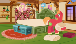 Size: 2880x1680 | Tagged: safe, anonymous artist, big macintosh, fluttershy, earth pony, pegasus, pony, series:fm holidays, g4, bed, bed sheets, bedroom, big grin, cute, eyes closed, female, fluttershy's bedroom, fluttershy's cottage, flying, grin, labor day, lineless, looking at each other, male, mare, no pupils, pillow, quilt, sheet, ship:fluttermac, shipping, shyabetes, smiling, smiling at each other, spread wings, stallion, straight, sunset, toothy grin, wings