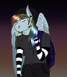 Size: 3016x3442 | Tagged: safe, artist:inisealga, rainbow dash, pegasus, anthro, g4, arm warmers, backpack, beanie, clothes, ear piercing, eyebrows, eyebrows visible through hair, facial scar, female, folded wings, gradient background, hat, high res, jeans, mare, neck fluff, pants, piercing, shirt, solo, wing fluff, wings