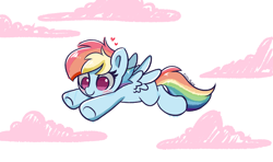 Size: 4042x2394 | Tagged: safe, artist:kittyrosie, rainbow dash, pegasus, pony, g4, blank flank, blushing, cloud, cotton candy, cute, dashabetes, female, filly, filly rainbow dash, flying, food, heart, high res, mare, pink background, simple background, smiling, solo, spread wings, white background, wings, younger