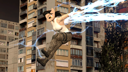 Size: 2560x1440 | Tagged: safe, artist:mr-wolfapex, oc, oc:kate marek (lightning-crit), anthro, 3d, anthro oc, electricity, female, jumping, lightning, muscles, muscular female, super powers