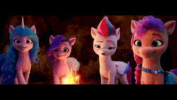 Size: 1920x1080 | Tagged: safe, screencap, izzy moonbow, pipp petals, sunny starscout, zipp storm, earth pony, pegasus, pony, unicorn, g5, my little pony: a new generation, official, spoiler:my little pony: a new generation, 3d, animated, campfire, female, fire, floppy ears, gif, mare, smiling