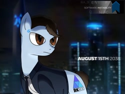 Size: 1600x1200 | Tagged: safe, artist:wolftendragon, earth pony, pony, robot, robot pony, city, cityscape, clothes, connor, crossover, detroit: become human, male, night, ponified, rk800, solo