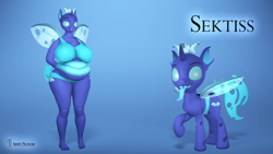 Size: 3840x2160 | Tagged: safe, alternate version, artist:seriff-pilcrow, oc, oc:sektiss, changeling, anthro, 3d, anthro oc, anthro ponidox, bbw, big breasts, blue changeling, bra, breasts, chunkling, clothes, duality, fat, high res, huge breasts, open mouth, open smile, panties, raised hoof, self ponidox, smiling, source filmmaker, thick, tongue out, underwear