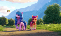 Size: 1332x806 | Tagged: safe, screencap, izzy moonbow, sunny starscout, butterfly, earth pony, pony, unicorn, g5, my little pony: a new generation, official, spoiler:my little pony: a new generation, 3d, animated, curious, cute, distracted, female, izzybetes, mare, sound, video, webm