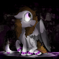 Size: 1020x1020 | Tagged: safe, artist:milledpurple, oc, oc only, pegasus, pony, female, looking back, mare, pegasus oc, raised hoof, solo, two toned wings, wings
