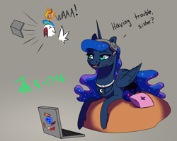 Size: 1000x800 | Tagged: safe, artist:joan-grace, princess celestia, princess luna, alicorn, pony, gamer luna, g4, angry, bag, bust, computer, duo, ethereal mane, female, fire, headset, laptop computer, lying down, mare, open mouth, prone, royal sisters, saddle bag, siblings, signature, sisters, smiling, starry mane, talking