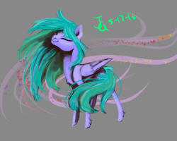 Size: 1000x800 | Tagged: safe, artist:joan-grace, oc, oc only, pegasus, pony, gray background, one eye closed, pegasus oc, signature, simple background, solo, windswept mane, wings, wink