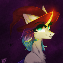 Size: 1000x1000 | Tagged: safe, artist:jsunlight, oc, oc only, oc:shedlight feather, pony, unicorn, hat, solo, witch hat