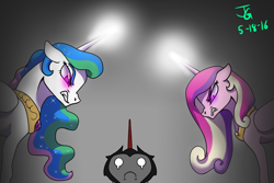 Size: 1200x800 | Tagged: safe, artist:joan-grace, king sombra, princess cadance, princess celestia, alicorn, pony, g4, angry, bust, female, frown, glowing horn, gradient background, horn, male, mare, peytral, signature, stallion, story included, white eyes, wings