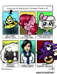 Size: 479x618 | Tagged: safe, artist:theangriestqueeralive, pinkie pie, bird, duck, earth pony, human, pony, wooloo, anthro, g4, anthro with ponies, bill cipher, bioshock, bioshock infinite, bowtie, bust, crossover, darkest dungeon, ducktales, ducktales 2017, elizabeth comstock, eyes closed, female, gravity falls, grin, guitar, hat, jester, male, mare, musical instrument, pokémon, pokémon sword and shield, six fanarts, smiling, top hat, webby vanderquack