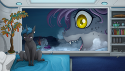 Size: 3000x1700 | Tagged: safe, artist:stray prey, oc, oc:lucent, oc:spring tide, original species, pony, shark, shark pony, unicorn, annoyed, atlantis: the lost empire, bed, female, giantess, loss (meme), macro, male, newton's cradle, sitting on bed, size difference, submarine, subnautica, tired, ulysses, underwater