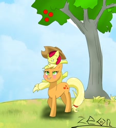 Size: 1863x2048 | Tagged: safe, artist:zeon_starlight, apple bloom, applejack, earth pony, pony, g4, apple, apple bloom riding applejack, apple tree, applejack's hat, cowboy hat, female, filly, food, hat, mare, ponies riding ponies, riding, siblings, tree
