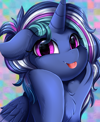 Size: 1446x1764 | Tagged: safe, artist:pridark, oc, oc only, alicorn, pony, :p, alicorn oc, bust, chest fluff, cute, floppy ears, hooves on cheeks, horn, ocbetes, portrait, purple background, raffle winner, simple background, solo, tongue out, wings