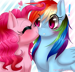 Size: 1900x1815 | Tagged: safe, artist:farfromserious, pinkie pie, rainbow dash, earth pony, pegasus, pony, g4, cheek kiss, exclamation point, eyes closed, female, floating heart, heart, kissing, lesbian, ship:pinkiedash, shipping, surprise kiss
