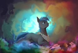 Size: 2500x1700 | Tagged: safe, artist:stray prey, oc, oc:lucent, pony, unicorn, abstract background, adorable face, bandana, cloud, colorful, cute, male, smoke, stallion