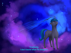 Size: 2000x1500 | Tagged: safe, artist:stray prey, oc, oc:lucent, pony, unicorn, abstract background, adorable face, cloud, colorful, cracks, cracks in the universe, cute, floppy ears, horn, male, melancholy, purple eyes, stallion, stars, surreal, text