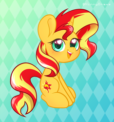 Size: 2480x2647 | Tagged: safe, artist:ninnydraws, sunset shimmer, pony, unicorn, g4, abstract background, blushing, cute, female, heart, heart eyes, high res, horn, looking at you, mare, open mouth, open smile, shimmerbetes, sitting, smiling, smiling at you, solo, wingding eyes