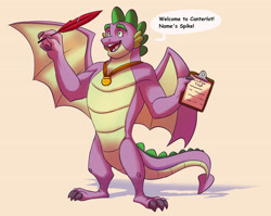 Size: 3824x3040 | Tagged: safe, artist:chub-wub, spike, dragon, g4, clipboard, gigachad spike, high res, male, medal, older, older spike, paper, quill, solo, spyro the dragon, spyro the dragon (series), style emulation