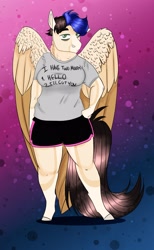 Size: 1792x2903 | Tagged: safe, artist:inisealga, oc, oc only, oc:mocha frost, pegasus, anthro, chubby, clothes, female, folded wings, gradient background, mare, pegasus oc, shirt, shorts, solo, wings