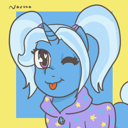 Size: 1000x1000 | Tagged: safe, artist:wrath-marionphauna, trixie, pony, unicorn, ;p, alternate hairstyle, babysitter trixie, clothes, cute, diatrixes, female, heart eyes, hoodie, mare, one eye closed, pigtails, solo, tongue out, wingding eyes, wink