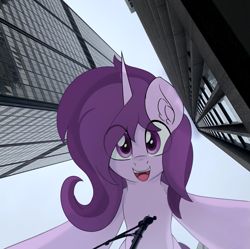 Size: 1775x1770 | Tagged: safe, artist:czu, oc, oc only, oc:czupone, pony, unicorn, city, eye clipping through hair, looking at you, looking down, low angle, macro, pov, smiling, smiling at you