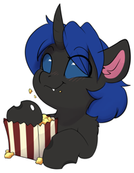 Size: 2862x3688 | Tagged: safe, artist:rileyisherehide, oc, oc only, oc:swift dawn, changeling, pony, series:munching popcorn, blue changeling, blue eyes, changeling oc, commission, cute, eating, eyebrows, eyebrows visible through hair, fangs, food, high res, horn, ocbetes, popcorn, simple background, smiling, solo, transparent background, ych result