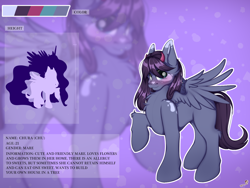 Size: 1600x1200 | Tagged: safe, artist:chura chu, oc, oc only, oc:chura, horse, pegasus, pony, blue eyes, blue fur, blushing, character, color palette, female, filly, horn, horns, information, long hair, long mane, long tail, mare, pose, reference, reference sheet, shy, solo, violet background, violet hair, wings