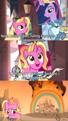 Size: 2160x3840 | Tagged: safe, edit, edited screencap, screencap, luster dawn, twilight sparkle, alicorn, human, pony, unicorn, g4, the last problem, and that's how g5 was made, crown, damn it luster, disgrace, end of the world, fail, failure, female, high res, jewelry, mare, older, older twilight, older twilight sparkle (alicorn), open mouth, princess twilight 2.0, regalia, star butterfly, star vs the forces of evil, text, twilight sparkle (alicorn), whoops
