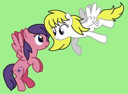 Size: 961x709 | Tagged: safe, artist:piggyman54, north star (g1), surprise, pegasus, pony, g1, g4, adoraprise, cute, duo, female, flapping, friends, g1 to g4, generation leap, green background, lesbian, mare, northabetes, northprise, shipping, simple background, smiling, wings