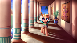 Size: 3840x2160 | Tagged: safe, artist:confetticakez, somnambula, the sphinx, pegasus, pony, sphinx, g4, colonnade, column, egyptian, eye of horus, female, high res, looking at you, mare, pyramid, solo, vase