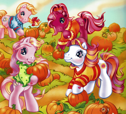 Size: 2277x2069 | Tagged: safe, artist:lyn fletcher, cherry blossom (g3), cupcake (g3), fluttershy (g3), sunny daze (g3), chipmunk, earth pony, pony, g3, official, alternate hairstyle, autumn, bipedal, blouse, blushing, bow, braid, clothes, female, group, heart, heart eyes, high res, looking down, mare, ponytail, pumpkin, pumpkin patch, scrunchie, starry eyes, sweater, the perfect pumpkin, wingding eyes