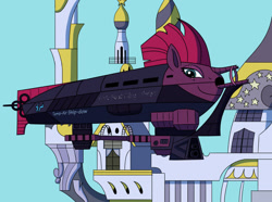 Size: 1024x763 | Tagged: safe, artist:sergeant16bit, tempest shadow, g4, airship, alternate universe, canterlot, canterlot castle, flying, inanimate tf, living object, looking at you, scar, storm king's emblem, transformation, vehicle, zeppelin
