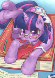 Size: 595x841 | Tagged: safe, artist:hoihoi, twilight sparkle, unicorn, blushing, book, bookhorse, clothes, eraser, female, glasses, horn, looking at you, lying down, mare, mouth hold, necktie, paper, pencil, prone, smiling, smiling at you, solo, striped underwear, underwear