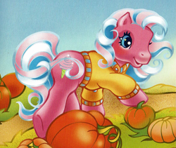 Size: 1137x961 | Tagged: safe, artist:lyn fletcher, cotton candy (g3), earth pony, pony, g3, official, autumn, blushing, clothes, female, heart, heart eyes, mare, pumpkin, pumpkin patch, scan, solo, sweater, the perfect pumpkin, wingding eyes