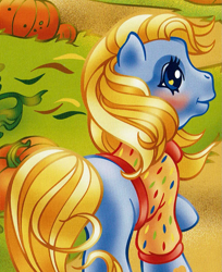 Size: 1017x1249 | Tagged: safe, artist:lyn fletcher, autumn skye, earth pony, pony, g3, official, autumn, blushing, clothes, female, heart, heart eyes, mare, pumpkin, scan, solo, the perfect pumpkin, wingding eyes