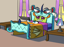 Size: 1024x763 | Tagged: safe, artist:sergeant16bit, princess ember, smolder, thorax, changedling, changeling, g4, bed, blanket, curtains, furniture, grin, horn, implied princess celestia, inanimate tf, king thorax, lamp, living object, objectification, pillow, smiling, table, transformation, wings