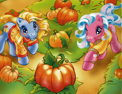 Size: 2333x1801 | Tagged: safe, artist:lyn fletcher, autumn skye, cotton candy (g3), earth pony, pony, g3, blushing, clothes, duo, duo female, female, heart, heart eyes, pumpkin, sweater, the perfect pumpkin, wingding eyes