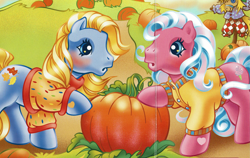 Size: 2765x1753 | Tagged: safe, artist:lyn fletcher, autumn skye, cotton candy (g3), earth pony, pony, g3, official, blushing, clothes, duo, duo female, female, heart, heart eyes, pumpkin, scarecrow, sweater, the perfect pumpkin, wingding eyes