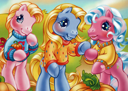 Size: 2261x1613 | Tagged: safe, artist:lyn fletcher, autumn skye, cotton candy (g3), cupcake (g3), earth pony, pony, g3, official, bipedal, blushing, braid, clothes, female, group, heart, heart eyes, mare, pumpkin, starry eyes, sweater, the perfect pumpkin, trio, trio female, wingding eyes