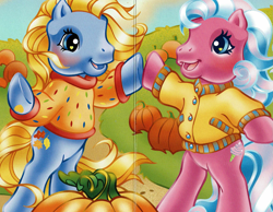 Size: 1933x1497 | Tagged: safe, artist:lyn fletcher, autumn skye, cotton candy (g3), earth pony, pony, g3, official, autumn, bipedal, blushing, clothes, duo, duo female, female, heart, heart eyes, mare, open mouth, pumpkin, seam, sweater, the perfect pumpkin, wingding eyes