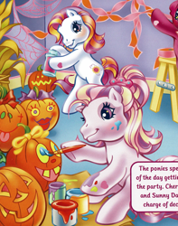 Size: 1817x2301 | Tagged: safe, artist:lyn fletcher, cherry blossom (g3), fluttershy (g3), sunny daze (g3), earth pony, pony, g3, official, bipedal, blushing, comb, decorating, female, halloween, heart, heart eyes, holiday, hoof hold, jack-o-lantern, ladder, mare, paint, paint on hooves, paintbrush, painting, ponytail, pumpkin, spider web, spray can, streamers, the perfect pumpkin, trio, trio female, wingding eyes