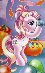 Size: 1265x2073 | Tagged: safe, artist:lyn fletcher, fluttershy (g3), earth pony, pony, g3, official, alternate hairstyle, balloon, bipedal, blushing, camera, female, hairclip, heart, heart eyes, mare, party balloon, photographer, pumpkin, solo, the perfect pumpkin, wingding eyes