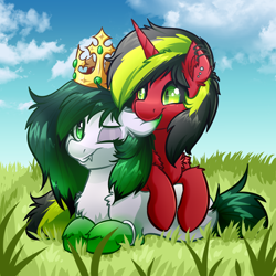 Size: 4000x4000 | Tagged: safe, artist:witchtaunter, oc, oc only, oc:lithus, oc:pynoka, pony, unicorn, wolf, wolf pony, biting, black sclera, chest fluff, commission, crown, cuddling, cute, ear bite, ear fluff, grass, jewelry, nibbling, one eye closed, regalia, shoulder fluff, sky, slit pupils, smiling, wink